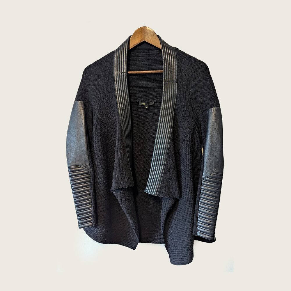 MAJE - Biker leather sleeve waterfall cardigan - Sz 1